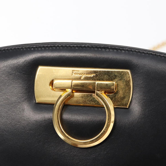 Salvatore Ferragamo Gancini Chain Shoulder Bag Leather Black Gold Auth 169084