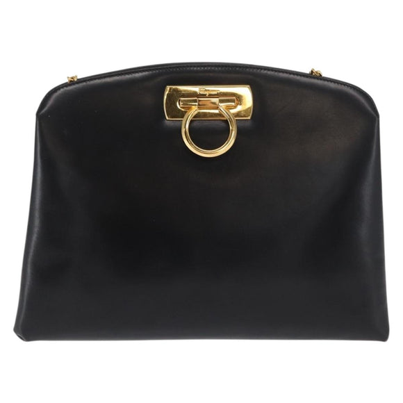 Salvatore Ferragamo Gancini Chain Shoulder Bag Leather Black Gold Auth 169084