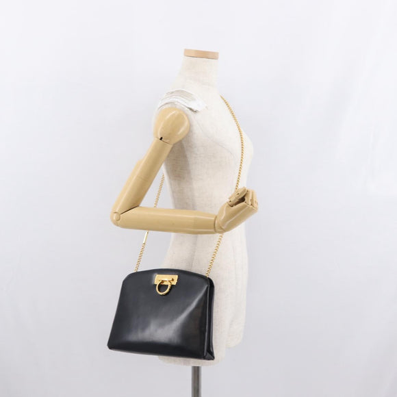 Salvatore Ferragamo Gancini Chain Shoulder Bag Leather Black Gold Auth 169084