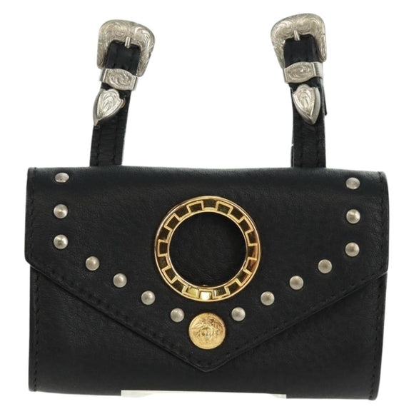 Gianni Versace Pouch Leather Black Gold Auth 169116V