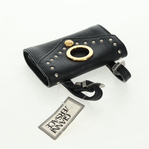 Gianni Versace Pouch Leather Black Gold Auth 169116V
