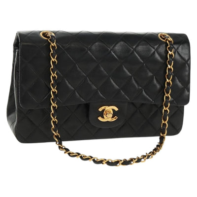 CHANEL Matelasse 25 Double Flap Chain Bag Lamb Skin Black Gold CC Auth 169170SAV