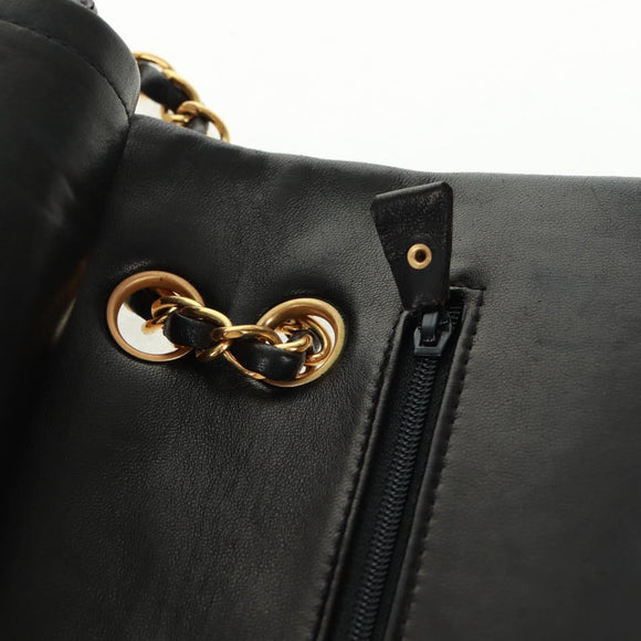 CHANEL Matelasse 25 Double Flap Chain Bag Lamb Skin Black Gold CC Auth 169170SAV