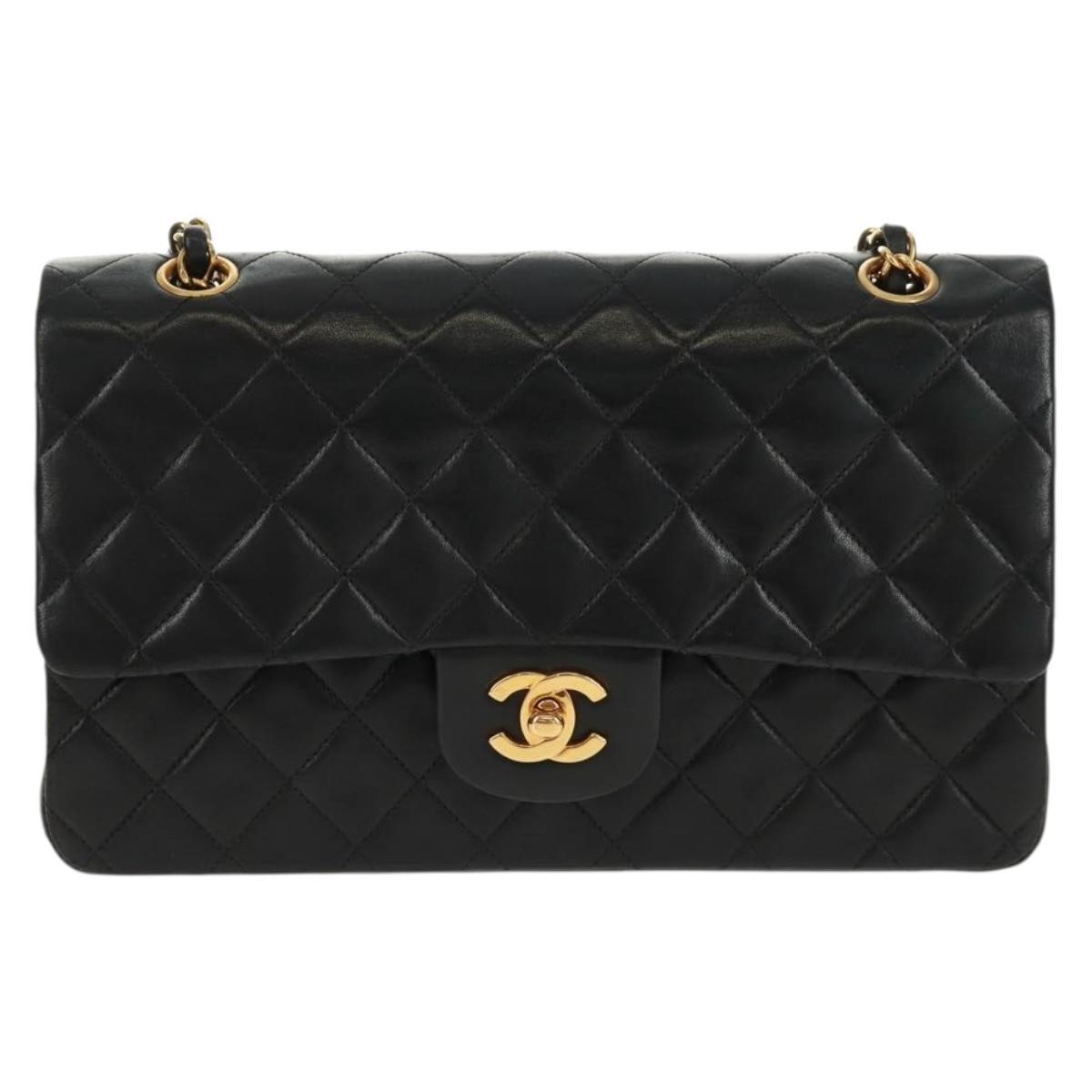 CHANEL Matelasse 25 Double Flap Chain Bag Lamb Skin Black Gold CC