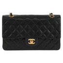 CHANEL Matelasse 25 Double Flap Chain Bag Lamb Skin Black Gold CC Auth 169170SAV-2