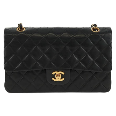 CHANEL Matelasse 25 Double Flap Chain Bag Lamb Skin Black Gold CC Auth 169170SAV - 0