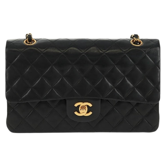 CHANEL Matelasse 25 Double Flap Chain Bag Lamb Skin Black Gold CC Auth 169170SAV