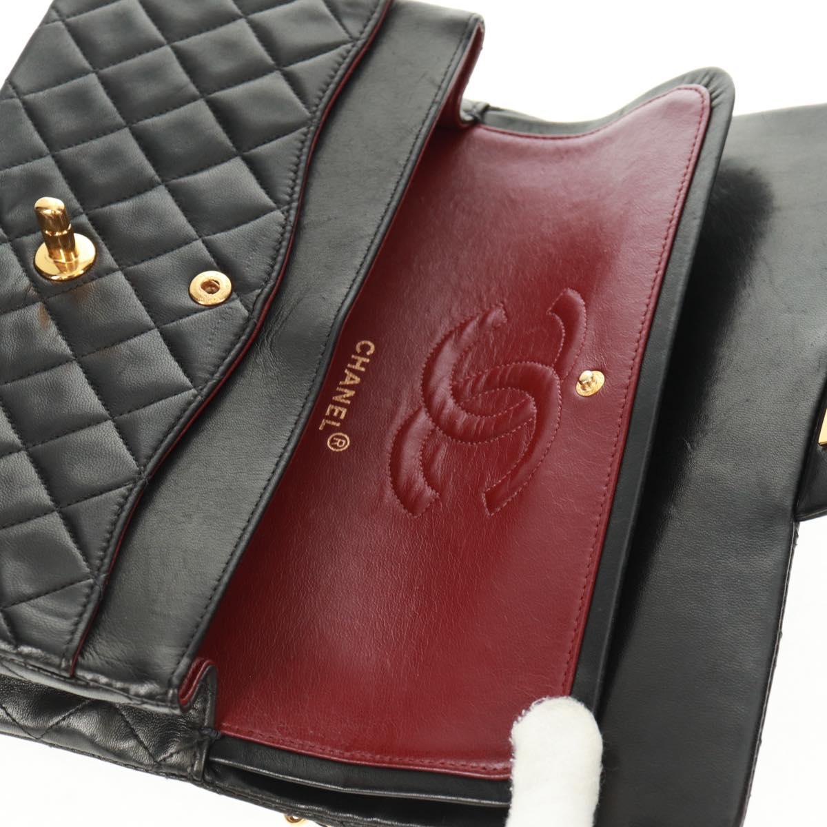 CHANEL Matelasse 25 Double Flap Chain Bag Lamb Skin Black Gold CC
