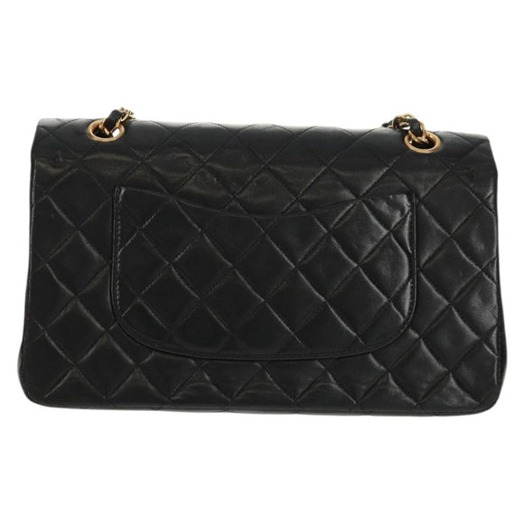 CHANEL Matelasse 25 Double Flap Chain Bag Lamb Skin Black Gold CC Auth 169170SAV