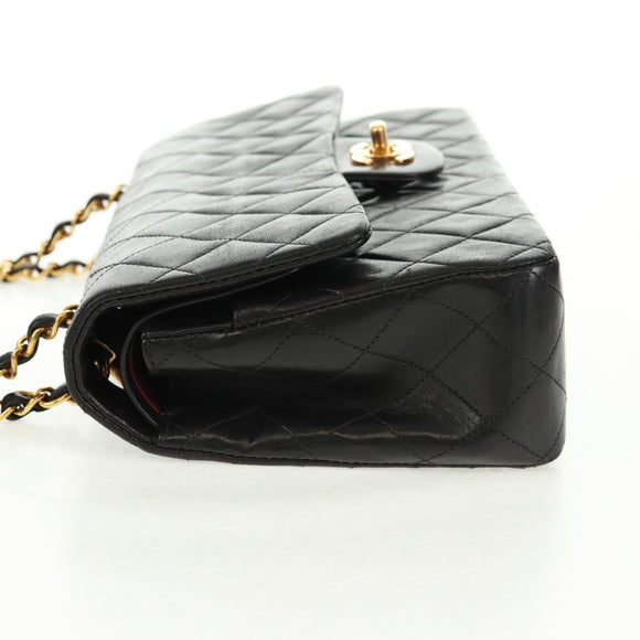 CHANEL Matelasse 25 Double Flap Chain Bag Lamb Skin Black Gold CC Auth 169170SAV