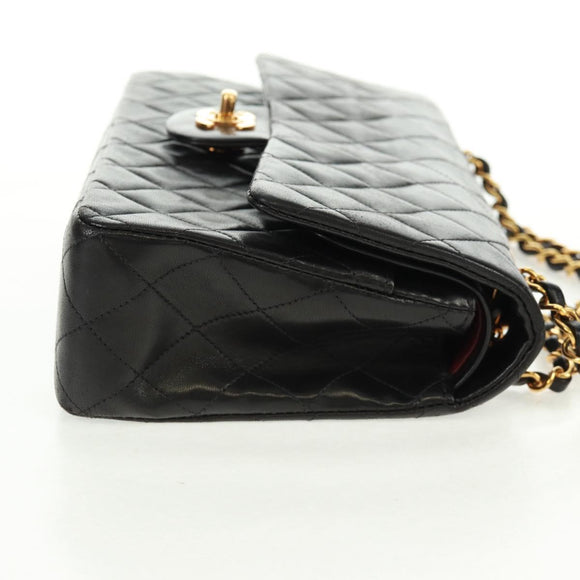 CHANEL Matelasse 25 Double Flap Chain Bag Lamb Skin Black Gold CC Auth 169170SAV
