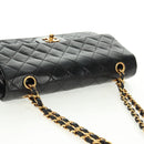 CHANEL Matelasse 25 Double Flap Chain Bag Lamb Skin Black Gold CC Auth 169170SAV-6
