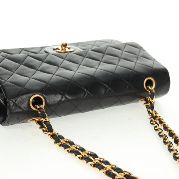 CHANEL Matelasse 25 Double Flap Chain Bag Lamb Skin Black Gold CC Auth 169170SAV