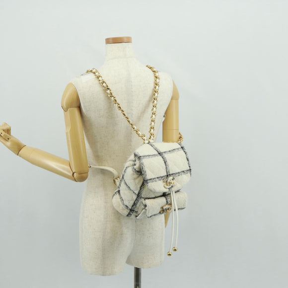 CHANEL Backpack Tweed Gold White CC Auth 169198SM