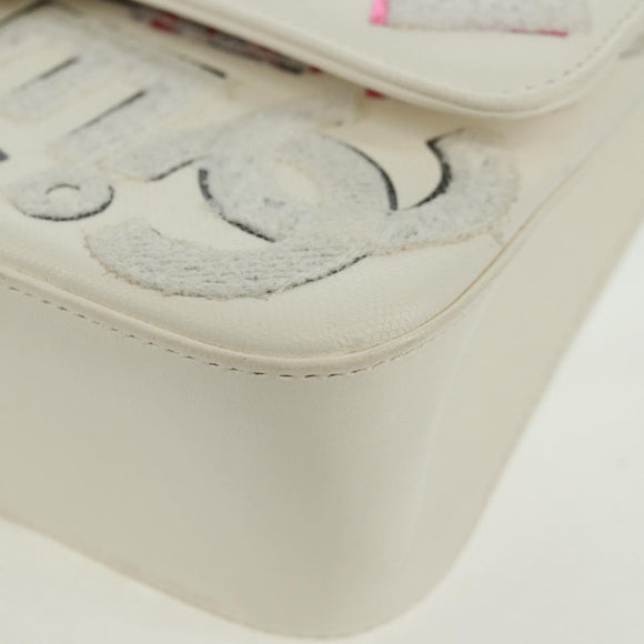 CHANEL Umhängetasche Kette Leder Weiß Silber CC Auth 169199SM