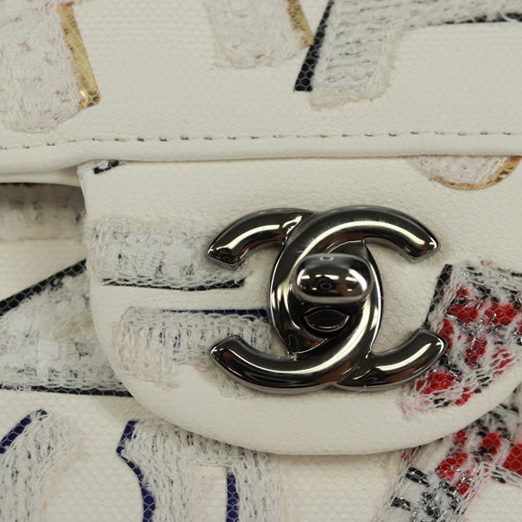 CHANEL Umhängetasche Kette Leder Weiß Silber CC Auth 169199SM
