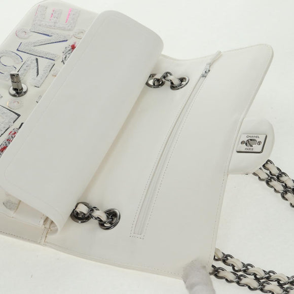 CHANEL Umhängetasche Kette Leder Weiß Silber CC Auth 169199SM