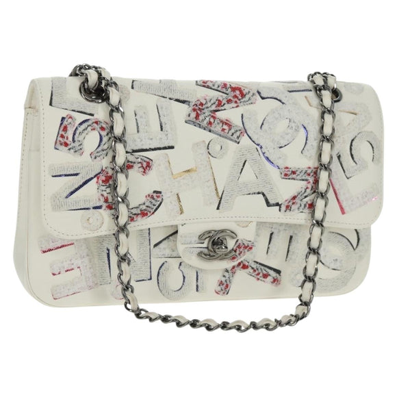 CHANEL Umhängetasche Kette Leder Weiß Silber CC Auth 169199SM