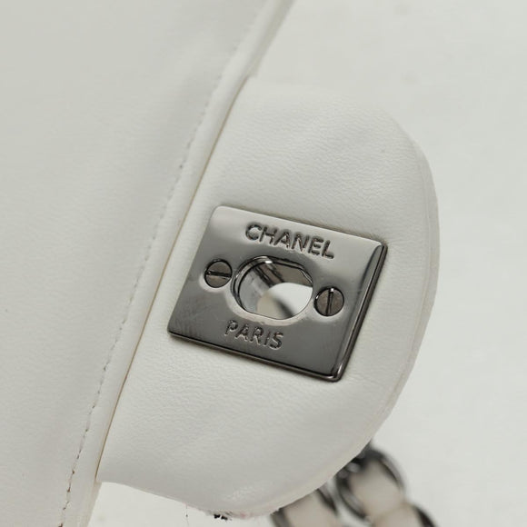 CHANEL Umhängetasche Kette Leder Weiß Silber CC Auth 169199SM