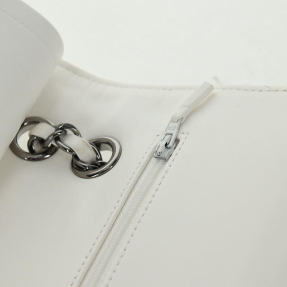 CHANEL Umhängetasche Kette Leder Weiß Silber CC Auth 169199SM