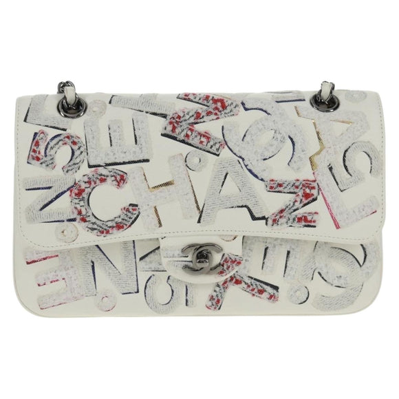 CHANEL Umhängetasche Kette Leder Weiß Silber CC Auth 169199SM