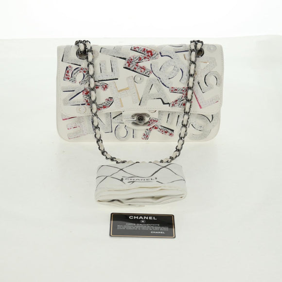 CHANEL Umhängetasche Kette Leder Weiß Silber CC Auth 169199SM