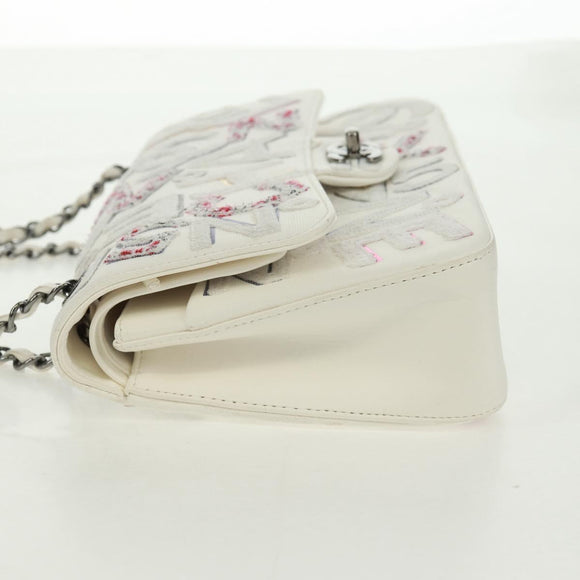CHANEL Umhängetasche Kette Leder Weiß Silber CC Auth 169199SM