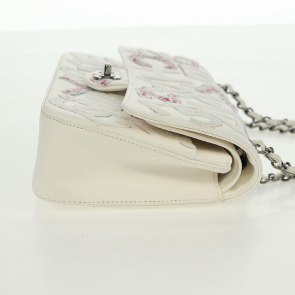 CHANEL Umhängetasche Kette Leder Weiß Silber CC Auth 169199SM