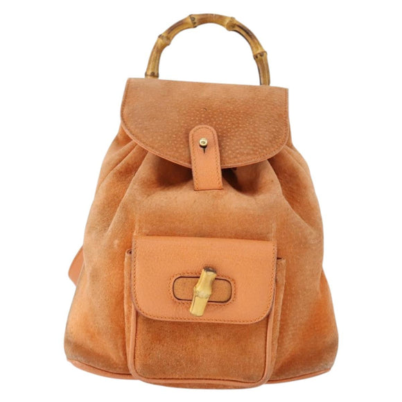GUCCI Bamboo Backpack Suede Orange Gold Auth 169373