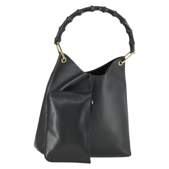 GUCCI Bamboo Shoulder Bag Leather Black Gold 001 2113 1880 Auth 169379
