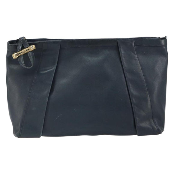 GUCCI Bamboo Clutch Bag Leather Navy Gold Auth 169388