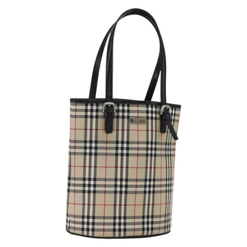 BURBERRY Nova Check Blue Label Hand Bag Nylon Beige Silver Auth 169406