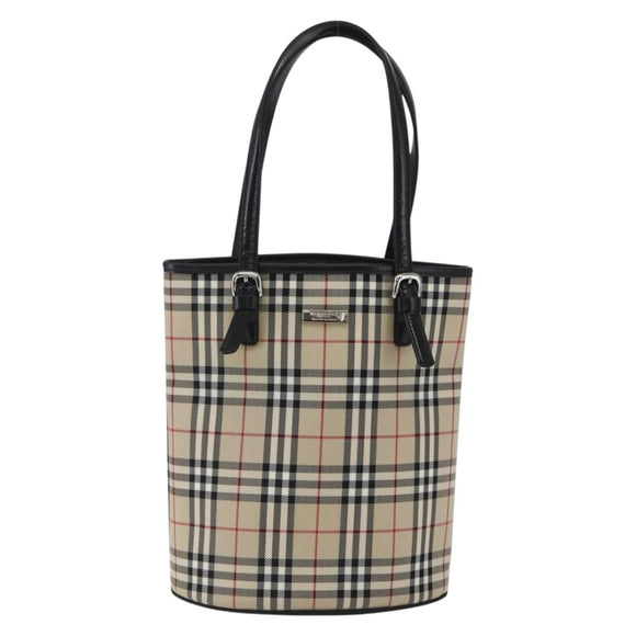 BURBERRY Nova Check Blue Label Hand Bag Nylon Beige Silver Auth 169406