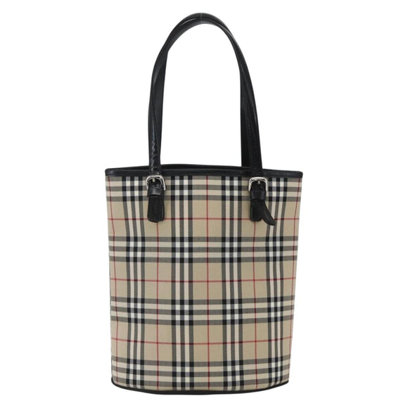 BURBERRY Nova Check Blue Label Hand Bag Nylon Beige Silver Auth 169406