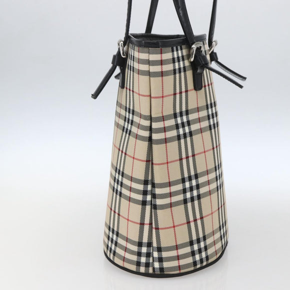 BURBERRY Nova Check Blue Label Hand Bag Nylon Beige Silver Auth 169406