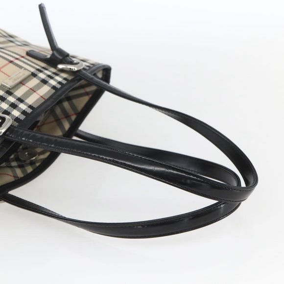 BURBERRY Nova Check Blue Label Hand Bag Nylon Beige Silver Auth 169406
