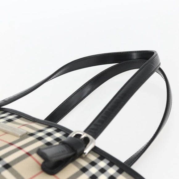 BURBERRY Nova Check Blue Label Hand Bag Nylon Beige Silver Auth 169406