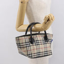 BURBERRY Nova Check Blue Label Hand Bag Nylon Beige Silver Auth 169408-19