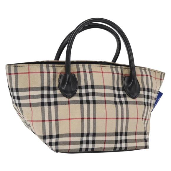 BURBERRY Nova Check Blue Label Hand Bag Nylon Beige Silver Auth 169408