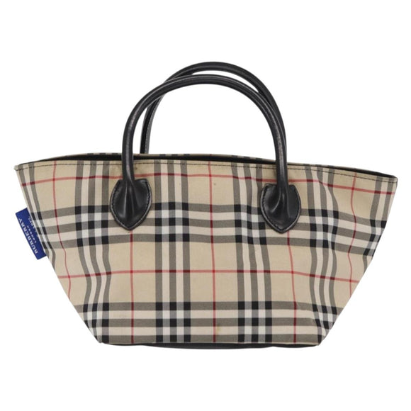 BURBERRY Nova Check Blue Label Hand Bag Nylon Beige Silver Auth 169408