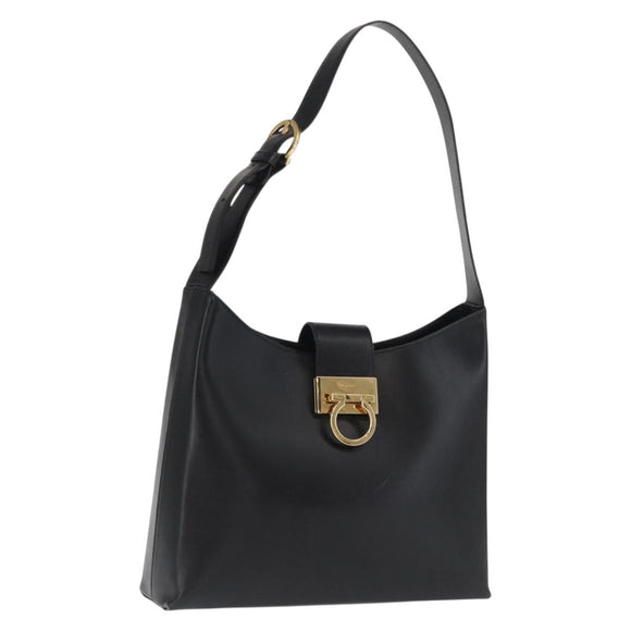 Salvatore Ferragamo Gancini Shoulder Bag Leather Black Gold Auth 169413
