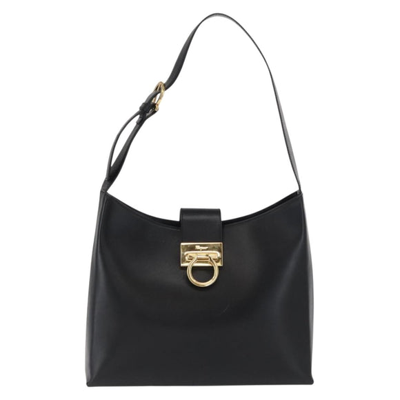 Salvatore Ferragamo Gancini Shoulder Bag Leather Black Gold Auth 169413