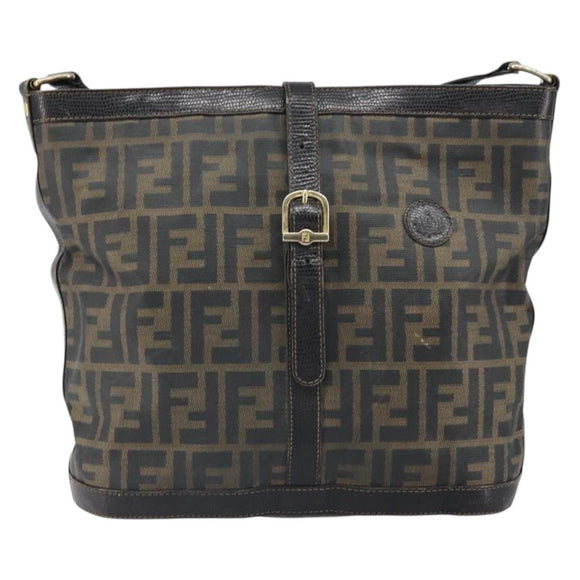 FENDI Zucca Canvas Shoulder Bag PVC Black Brown Auth 169429