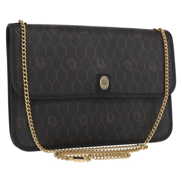 Christian Dior Honeycomb Canvas Chain Shoulder Bag PVC Black Gold Auth 169433