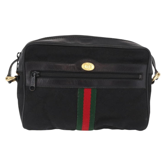 GUCCI GG Canvas Web Sherry Line Shoulder Bag Black Gold 010 378 Auth 169442