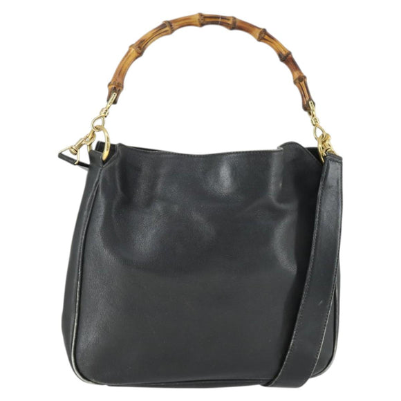 GUCCI Bamboo Hand Bag Leather 2way Black Gold 001 123 1638 Auth 169470