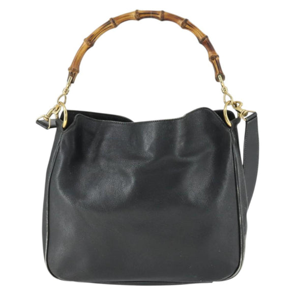 GUCCI Bamboo Hand Bag Leather 2way Black Gold 001 123 1638 Auth 169470