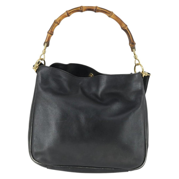 GUCCI Bamboo Hand Bag Leather 2way Black Gold 001 123 1638 Auth 169470