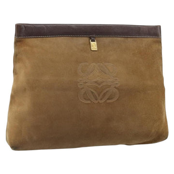 LOEWE Anagram Clutch Bag Suede Beige Gold Auth 169476