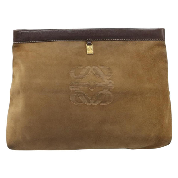 LOEWE Anagram Clutch Bag Suede Beige Gold Auth 169476